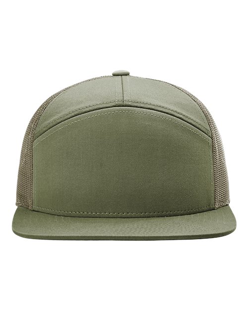 Richardson 168 mesh snapback cap in olive green with matching curved brim