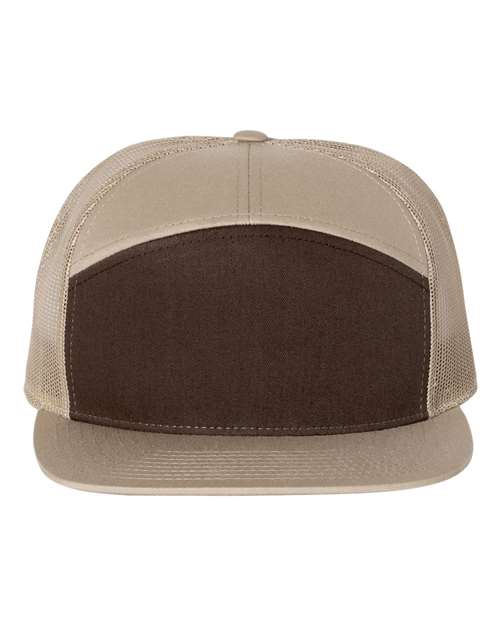 Beige and dark brown baseball cap with mesh side panels and curved brim