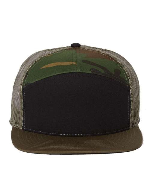 Camouflage baseball cap with dark front panel, green top, and light mesh sides
