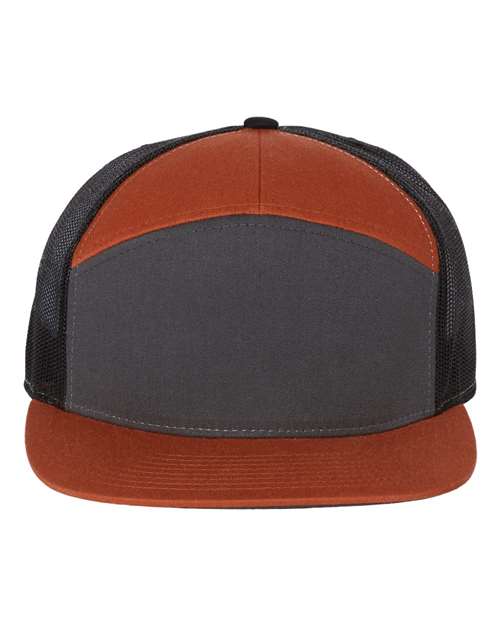 Orange and charcoal baseball cap with black mesh side panels and curved brim