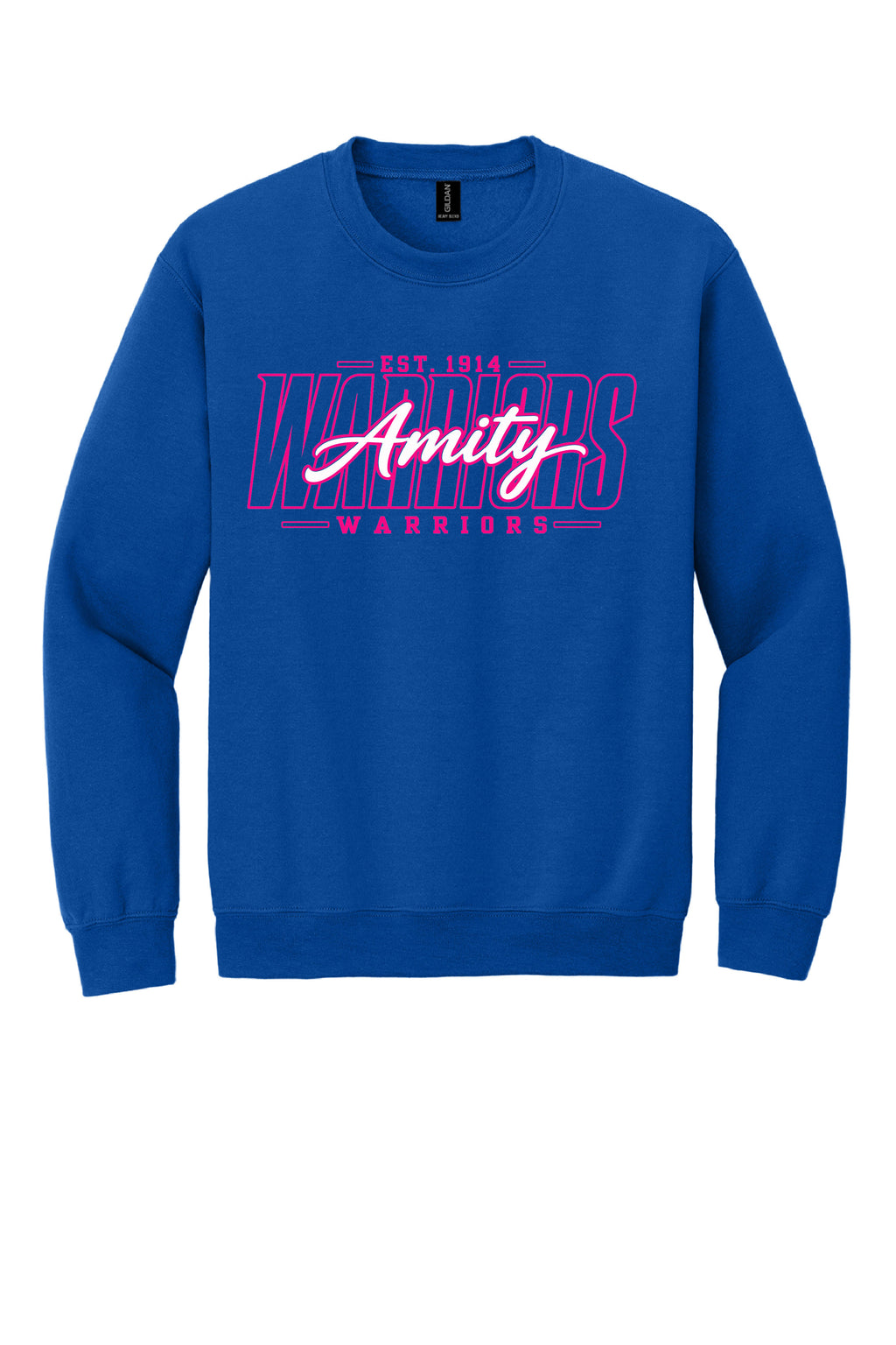 A royal blue crewneck sweatshirt featuring a pink and white graphic on the chest that reads 'Est. 2014 Warriors Amity Warriors' in stylized lettering.